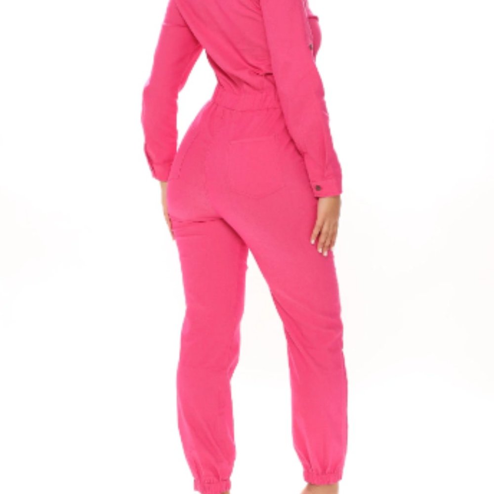 Women's Pink Utility Jumpsuit - Casual Long Sleeve Romper - Picture 2 of 6